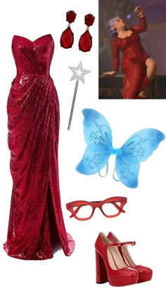 a woman in red dress with butterfly wings and glasses next to shoes, necklaces and earrings