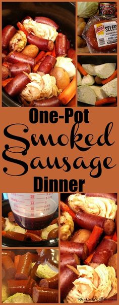 one pot smoked sausage dinner is shown in this collage