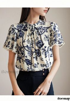 Bormay - Stylish and Trendy Blue and White Porcelain Printed Loose-Fit Shirt with Unique Lotus Leaf Collar and Round Neckline Porcelain Print, Loose Fit Blouse, Princess Sleeves, Loose Fit Shirts, Blue And White Porcelain, Lotus Leaf, Loose Shirts, Loose Blouse, White Porcelain