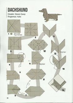 an origami dachshund is shown with instructions to make it