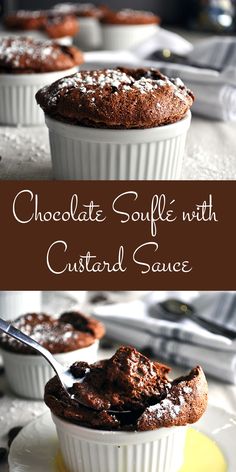 chocolate souffle with custard sauce in a white bowl