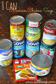 canned mexican chicken soup in cans on a table with the words goya written above them