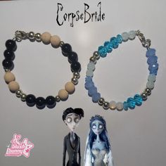 there are two bracelets made to look like corpse bride and skeleton bride on display