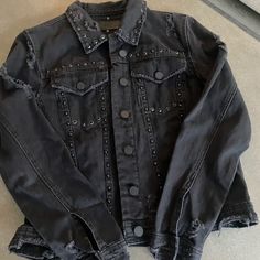 Black Distressed Denim Jacket With Silver And Black Studs. Size Medium. Excellent Condition, Never Worn. Black Studs, Black Stud, Denim Skirt Women, Distressed Denim Jacket, Skirt Women, Black And Silver, Silver Studs, Distressed Denim, Denim Skirt