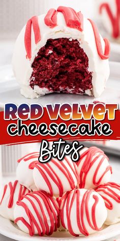 red velvet cheesecake bites on a white plate with the words red velvet cheesecake bites