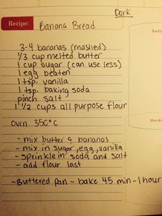 the recipe for banana bread is written on a piece of paper