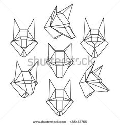 set of six origami fox heads with different angles and sizes on white background