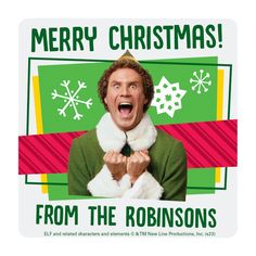 a man with his mouth open in front of a christmas card that says merry christmas from the robinsons