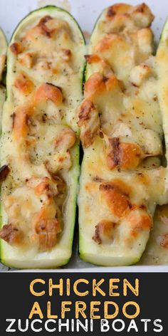 chicken alfredo zucchini boats in a baking dish