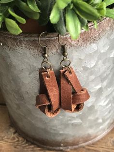 Knot earrings Leather Knot Earrings Leather Earrings Brown | Etsy Brown Leather Earrings For Gift, Leather Dangle Earrings With Ear Wire, Leather Earrings As A Gift, Rustic Brown Leather Earrings, Brown Leather Dangle Earrings, Brown Leather Earrings, Leather Dangle Earrings, Knot Earrings, Leather Hide