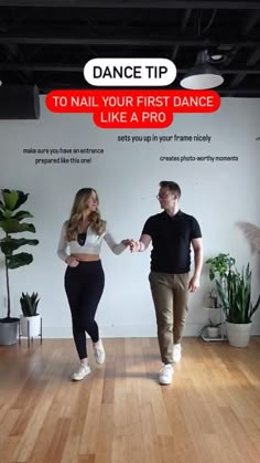 a man and woman dancing in an office with the caption dance tip to nail your first dance like a pro