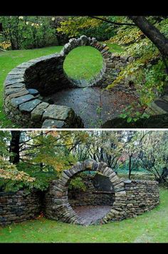 two pictures of a stone wall in the middle of a park with trees and grass