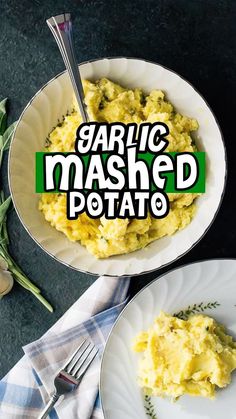 two plates with mashed potatoes on them and the words garlic mashed potato above it