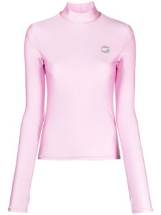 bubblegum pink stretch-design logo print at the chest mock neck long sleeves thumb slots straight hem Trendy High Neck Pink Top, Pink Turtleneck Tops, Pink Long Sleeve Tops With Thumbholes, Trendy Pink Long Sleeve Top, Pink Long Sleeve Top With Logo Print, Sporty Long Sleeve Top For Spring, Versace Outfit, Yoko London, High Neck Top