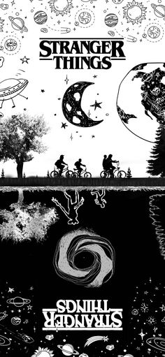 the cover art for strange things, which includes an image of people riding bicycles and trees