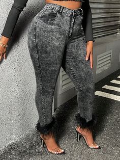 Plus Fuzzy Trim Skinny Jeans Black    Denim Plain Skinny Slight Stretch  Women Plus Clothing, size features are:Bust: ,Length: ,Sleeve Length: Wide Leg Jeans Plus Size, Plus Size Jeans, Amazing Products, Wide Leg Jeans, Black Denim, Plus Clothing, Leg Jeans, Color Blocking, Denim Jeans