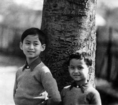 two young boys standing next to each other near a tree