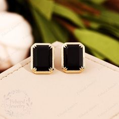 ❤Jewelry Details-Gold Type : 14k gold / 10k gold(Choose One in Material Option)Center Stone: Natural Black Onyx 8*11mmCenter Stone Total Carat Weight: Approximately 5.6ctw (2.8ct*2pcs)Cut: Emerald Cut / 3EXEarrings Size: 10*13mmSKU: YE0021-2========================================================================================❤The link for the same style necklace ishttps://www.etsy.com/listing/919600248/vintage-black-onyx-pendant-necklace-pave?ref=shop_home_feat_4&pro=1&frs=1❤The link f Black Gold-plated Earrings For Formal Occasions, Formal Black Gold-plated Earrings, Fine Jewelry 14k Gold Black Earrings, Black 14k Gold Earrings For Evening, Onyx Engagement Ring, Vintage Stud Earrings, Black Onyx Earrings, Gold Art Deco, Onyx Earrings