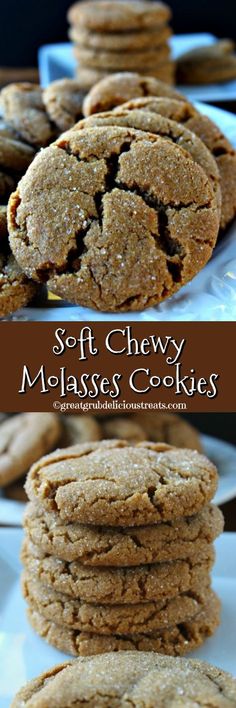 soft chewy molasss cookies stacked on top of each other with the title above it