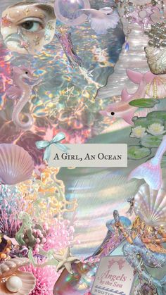 a girl, an ocean book cover with mermaids and seashells in the background