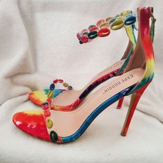 New With Box Trendy Rainbow Heels For Spring, Trendy Rainbow Round Toe Heels, Trendy Rainbow Heels With Round Toe, Multicolor Round Toe Fun Heels, Colorful Synthetic Heels With Round Toe, Colorful Round Toe Synthetic Heels, Capes For Women, Shoes Shoes, Orange Pink