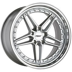 a silver wheel with chrome spokes on a white background