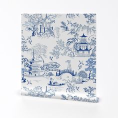 a blue and white wallpaper with pagodas, trees, and boats on it