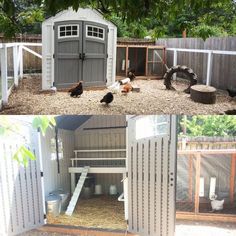 the chicken coop is built into the side of the house and has two chickens in it