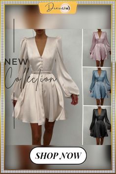 Women Solid Color Stain V Neck Puff Long Sleeve Cocktail Dress Casual Fashion Party Belted Midi Dress Plus Size Kleid Pleated Puff Sleeve Party Dress, Puff Sleeve Pleated Party Dress, Spring Satin Dress With Lantern Sleeves, Spring Lantern Sleeve Satin Dress, Fall Party Dresses With Lantern Sleeves, Elegant Lantern Sleeve Party Dresses, Solid Color Puff Sleeve Mini Dress For Party, Chic Puff Sleeve Dress For Winter Party, Solid Mini Dress With Puff Sleeves For Party