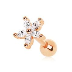 Rose Gold Dainty Flower Cartilage Earring Barbell Earrings, Gold Body Jewellery, Ear Piercings Cartilage, Thread Types, Cartilage Earring, Tragus Earrings, Baguette Cut Diamond, Rose Gold Jewelry, Cartilage Earrings