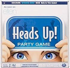 an advertisement for head's up party game with blue eyes and hands on it