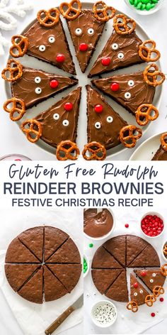 chocolate reindeer brownies with pretzels and candy on the side