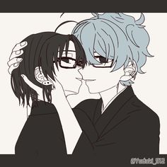 two anime characters one is kissing the other has glasses on his head and he's wearing