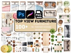 the top view furniture is shown with many different types of furniture and decor items in it