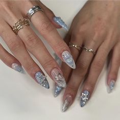 Gemstone Acrylic Nails, Txt Nails Designs, Txt Nails, Stars Nails, Blue Chrome Nails, Txt Concert, Kutek Disney, Unghie Sfumate