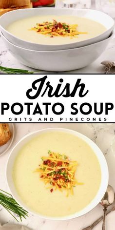 two bowls of potato soup with text overlay