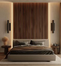 a modern bedroom with wooden slats on the wall and bed in the foreground