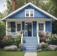 a blue house with white trim and flowers on the front porch, along with steps leading up to it