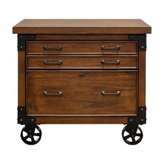 an old fashioned wooden dresser with wheels on the front and bottom, against a white background