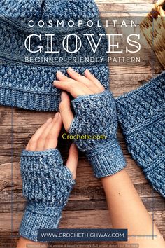 two hands in blue knitted gloves and mitts with text that reads, cosmopolian gloves beginner - friendly pattern