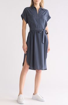 A simple sash belt defines the waist of this shirtdress framed with cuffed sleeves and a spread collar. 45" length Spread collar Short sleeves Unlined 85% rayon, 15% polyester Machine wash, line dry Imported Model stats: 5'10" height, 32" bust, 25" waist, 36" hip. Model is wearing size Small. Knee-length Belted Shirt Dress For Semi-formal, Elegant V-neck Relaxed Fit Shirt Dress, Collared Dresses With Rolled Sleeves For Work, Shirt Dress With Cuffed Sleeves For Work, Spread Collar Shirt Dress With Cuffed Sleeves For Work, Relaxed Fit Shirt Dress With Rolled Sleeves For Work, Workwear Shirt Dress With Cuffed Sleeves, Daywear Belted Knee-length Midi Dress, Knee-length Shirt Dress With Cuffed Sleeves For Work