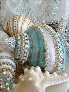 seashells and pearls are on display in this photograph, with white lace around them