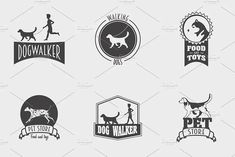 six logos for dog walking and pet shop, including a man with a dog on a leash