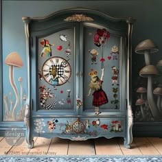 an ornate armoire with clocks and mushrooms on it