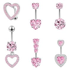 four pairs of dangling belly rings with pink crystal hearts and heart - shaped cubicles