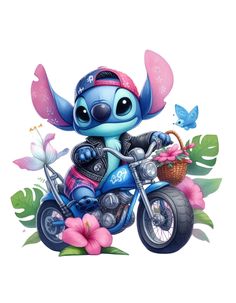 a cartoon character on a motorcycle with flowers and butterflies