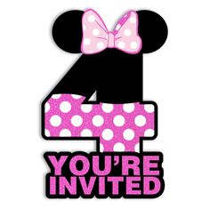 a minnie mouse birthday card with the number four in pink and white polka dots on it