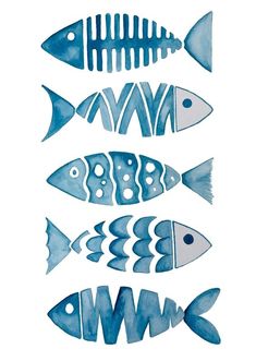 four different types of fish painted in watercolor on white paper with blue and gray colors