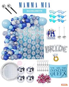 a bunch of balloons and decorations for a bridal party with blue, white and silver