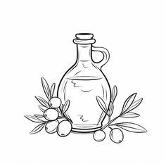 an olive oil bottle with some olives and leaves around it on a white background